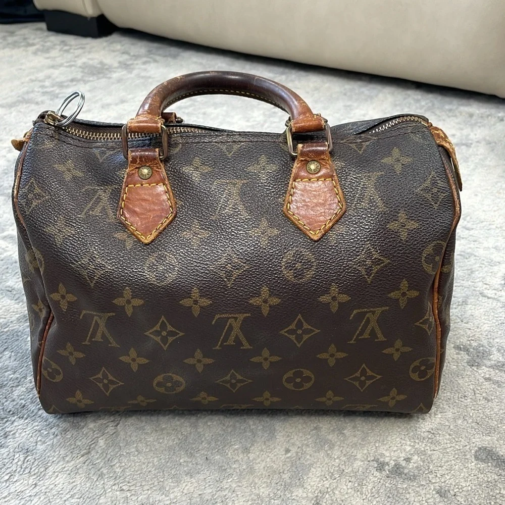 Louis Vuitton Monogram Speedy 25 Hand Bag Classic Designer Brown Tan